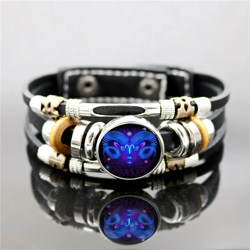 Браслет из кожи 12 знаков зодиака светящийся многослойный с бисером | Украшения и