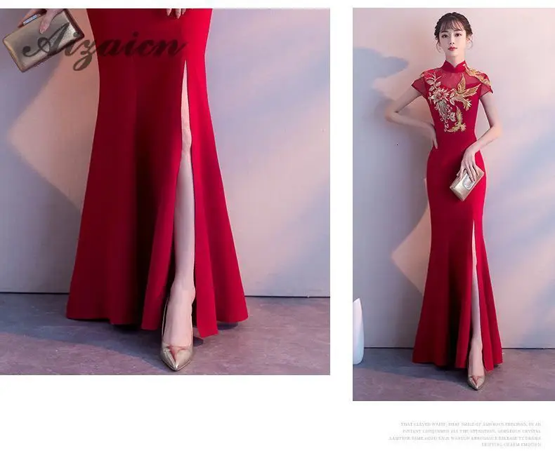 Вышивка Cheongsam длинное традиционное китайское винтажное платье красное свадебное платье Русалка сексуальное платье Ципао с разрезом Современные платья