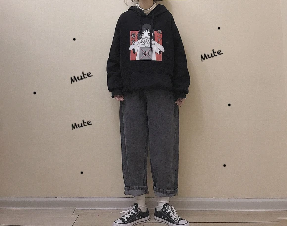 Аниме принт толстовка женская Kawaii Толстовка Harajuku одежда пуловер с капюшоном корейского размера плюс тонкая Повседневная Уличная одежда Топ V562