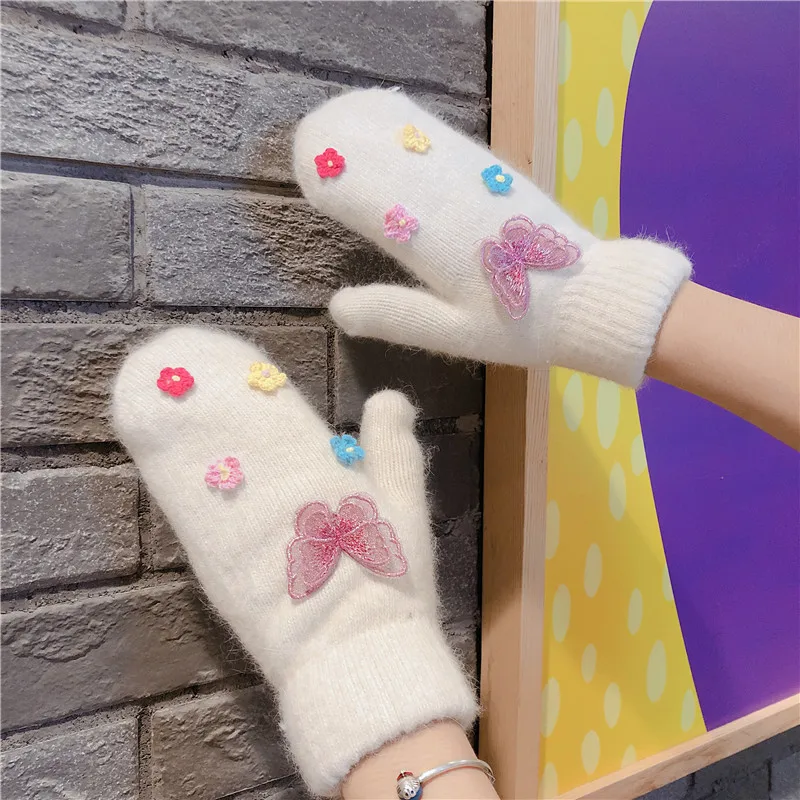 Women Winter Rabbit fur Knitted Full Finger Gloves Basic Thicken Plush Lining Mittens Butterfly Wrist Warmer