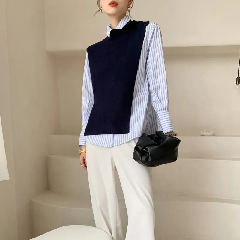 

2021 Spring New Arrival Turn-down Collar Streetwear Stripe Long-sleeved Knitted Patchwork Blue Shirt For Women C913