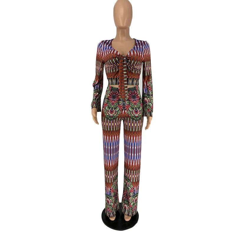 

New Arrivals Autumn Women Sets Nation Style Printing Deep V-Neck Long Sleeve Short Tops High Waist Bodycon Floor Length Pants
