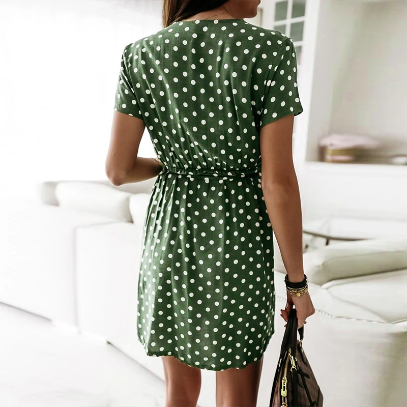 

Polka Dot Short Sleeve Dress for Women Summer 2021 V Neck Chest Wrapping Sashes Casual Dress Office Working Lady A-Line Vestidos