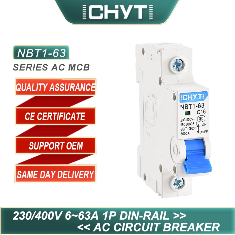 CHYT NBT1-63 1P Бытовая прозрачная Din-рейка AC 230/400V 63a 6KA C-типа воздушный выключатель