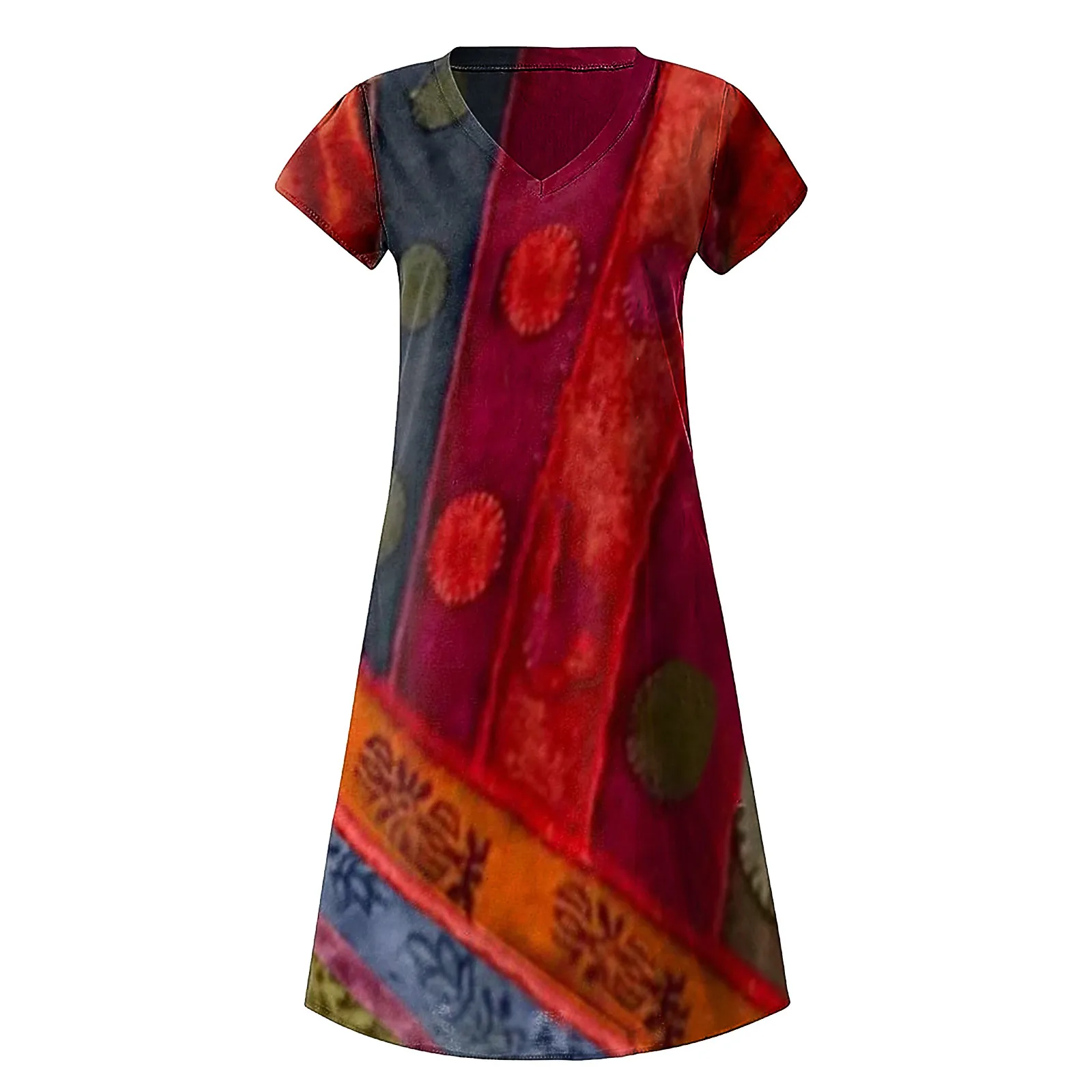 

Ladies printed V-neck dress plus plus size women's fashion casual short-sleeved V-neck printed knee-length dress long skirt