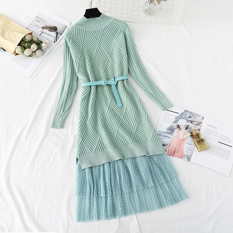 Женский трикотажный комплект из 2 предметов вязаный пуловер с высоким воротником