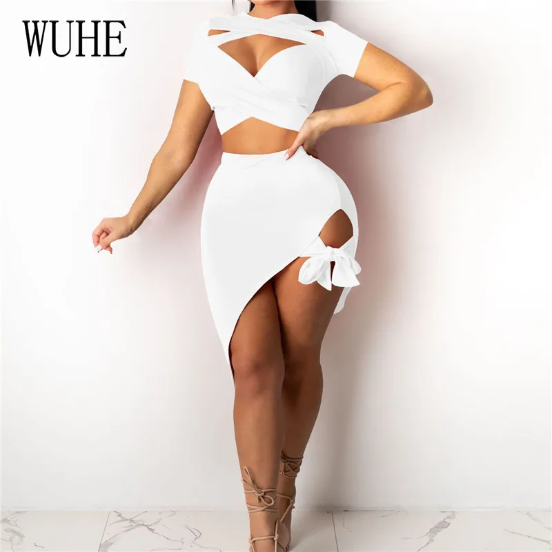 

WUHE Bandage 2 Piece Sets Short Sleeve O Neck Sexy Hollow Out Crop Top and Lace Up Mini Skirts Casual Party Summer Women Outfits