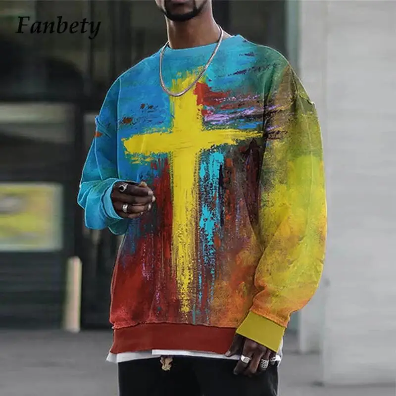 

2021 Autumn Fashion Cross Print Sweatshirt Tops Mens Casual Loose O-Neck Streetwear Men Long Sleeve Hoodies Sweatshirts Pullover