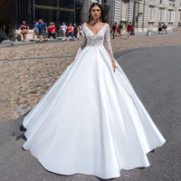 gorgeous ball gown satin wedding dress deep v neck long sleeveless lace appliqued sweep train backless bridal gown