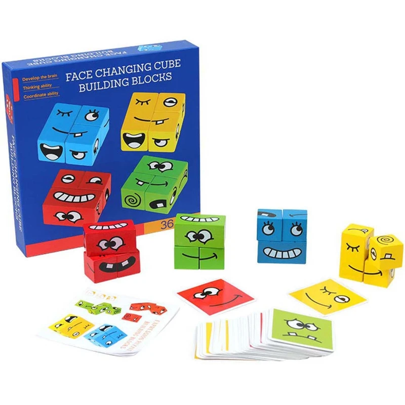

Wooden Expression Puzzles Building Block Magic Face Changing Cube Montessori Toy L9CD
