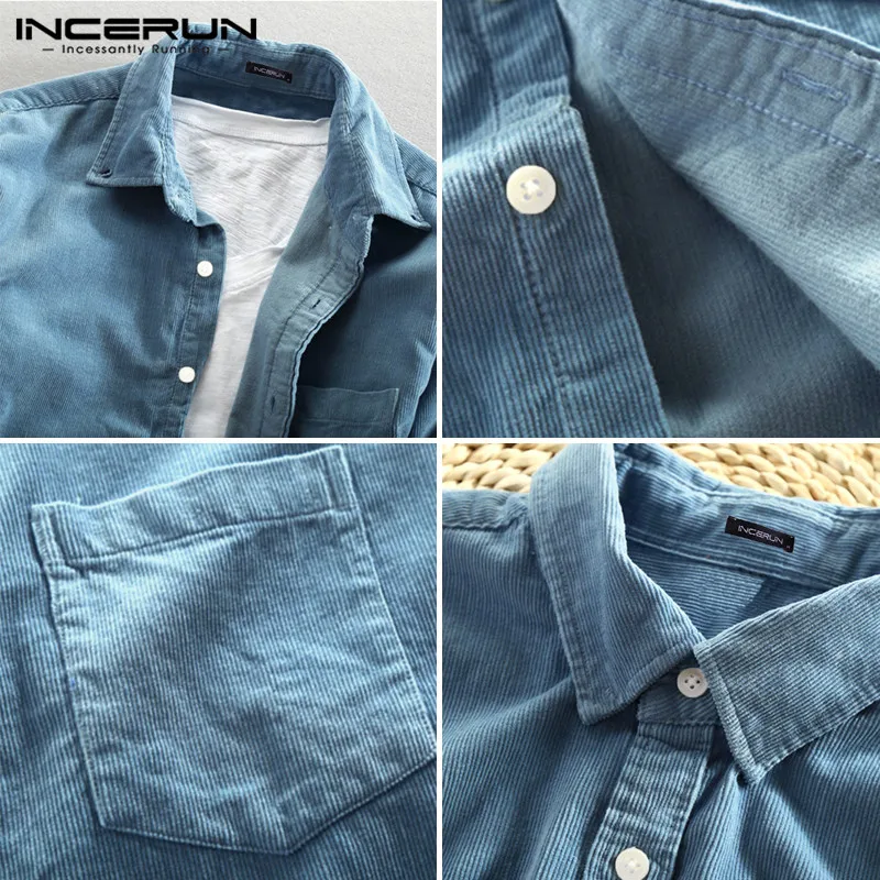 INCERUN Вельветовая Мужская рубашка винтажная с длинным рукавом на пуговицах
