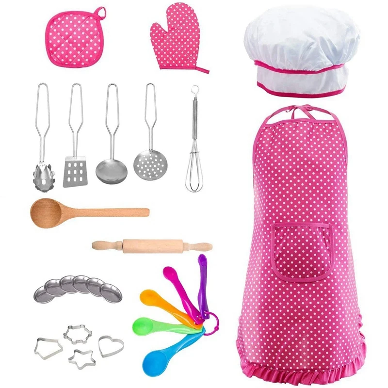 

Kids Cooking and Baking Chef Set-24 Pcs Includes Apron,Chef Hat, Oven Mitt,Pot Holders,Plates,Rolling Pin,Spoon Ect