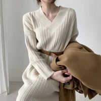 woman dress v neck knitted dresses women 2020 korean vintage elegant autumn winter sweater dress waistband solid long sweater