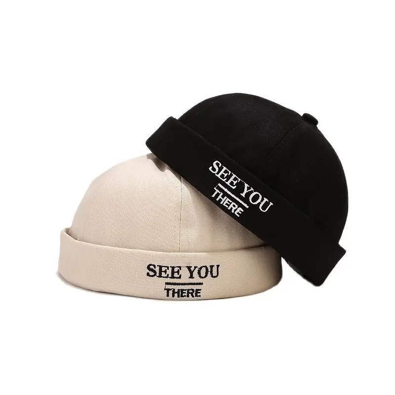 

Men Women Skullcap Sailor Cap Letter Embroidery Warm Rolled Cuff Bucket Hip Pop Cap Brimless Hat Adjustable Cotton Hats