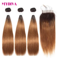 mydiva brazilian hair weave bundles with closure straight ombre brown human hair bundles with closure non remy t1b30 3 pieces