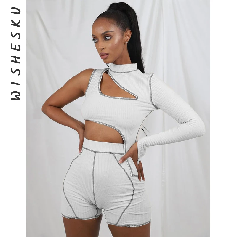 

Summer Ribbed Striped 2 Two Piece Sets Womens Cut Out Asymmetrical Crop Top + Legging Shorts Sets Basic Matching Outfits