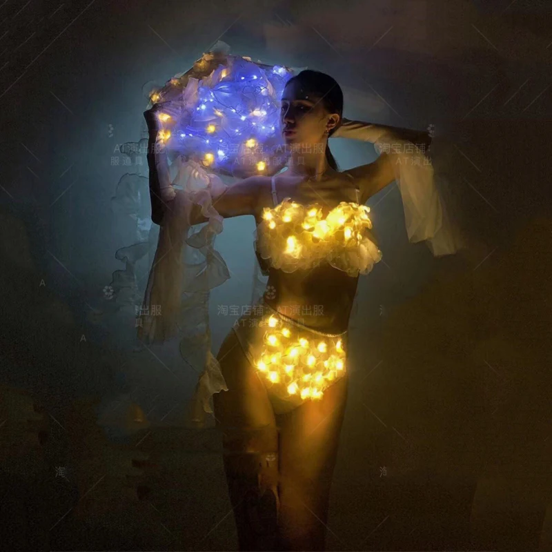 

Женский купальник-бикини из газовой ткани Gogo танцевальных сценических представлений LED костюм для ночного клуба певица фестивальный рейв к...