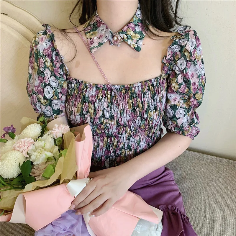 

Summer Print Floral Blouse Women Elegant Sweet Chiffon Blouse Female High Street Designer Korean Beach Kawaii Tops 2021 New