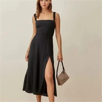 black elegant boat neck split slip dress dresses women