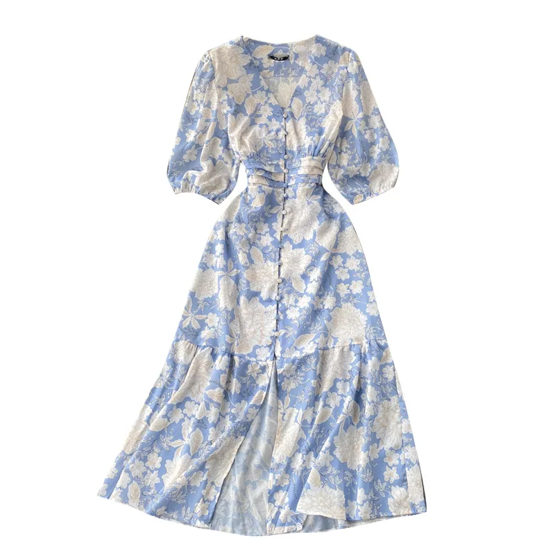 

Europe Holiday Print Sexy V-neck Button-down Waist Thin Over Knee-length Fork Dress Women 2021 New Model Dresses