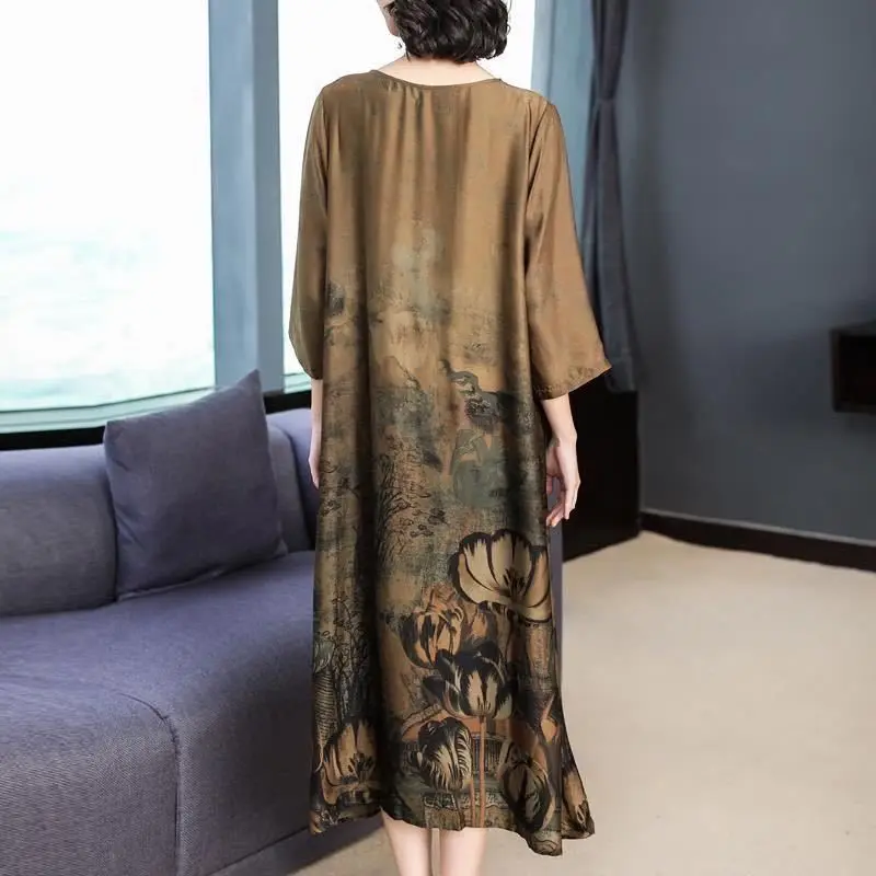 

2021 Autumn Winter Women Fashion Elegant Ethnic Style Dress O-neck Long Sleeve Loose Print Mid-calf Dresses Plus Size 5XL Y5