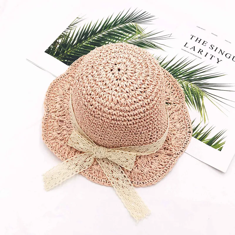 Детская соломенная шляпа с бантом летняя складная цветами и кружевом