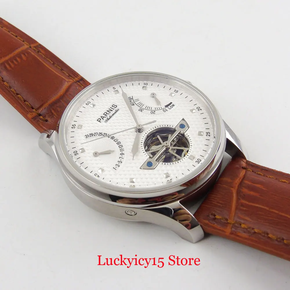 PARNIS 43mm Automatic Men Watch White Dial Date Function Deployment Clasp ST2505 Movement Power Reserve Indicator Leather Strap | Наручные