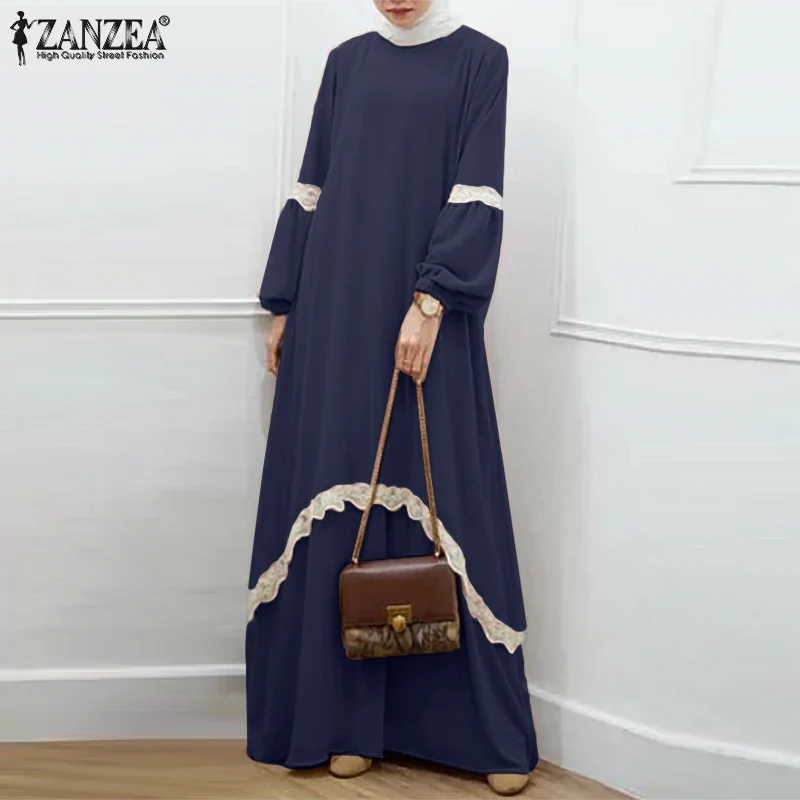 

ZANZEA Casual Office Dubai Turkey Solid Robe 2022 Stylish Lace Patchwork Hijab Dress Women Muslim Latern Sleeve OL Abaya Kaftan