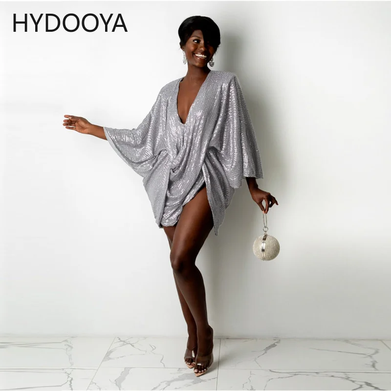 

Sense of Design Women Sexy Glitter Party Dress Elegant Lady Sparkly Sequins Batwing Sleeve V-neck Slim Short Dress Folds Vestido