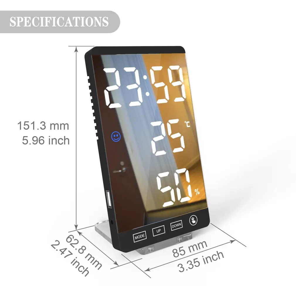 

6 Inch LED Mirror Alarm Clock Touch Button Wall Digital Clock Time Temperature Humidity Display USB Output Port Table Clock