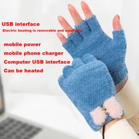 electric heating gloves usb charging heating half finger clamshell woolen knitted cartoon online warm gloves
