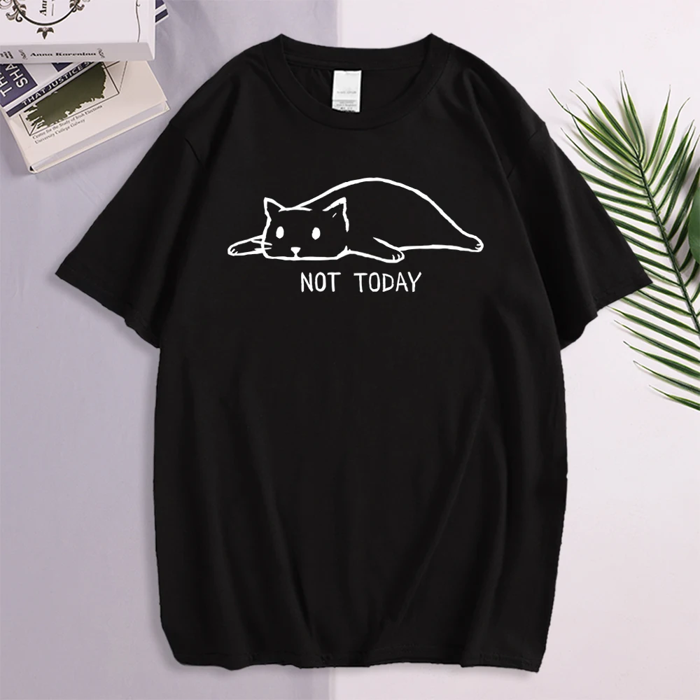 

Males t-Shirts Not Today Letter And Lazy Kitten Cartoon Printing t Shirts Men Tees Oversized Casual Round Neck Tshirt Tops