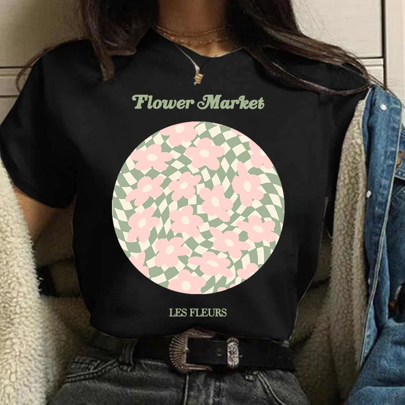 

Fashion Trend Geometric Pattern Printed Street Style 2022 Popular Female Teeshirt Black Korean Short Sleeve Clothes For Women