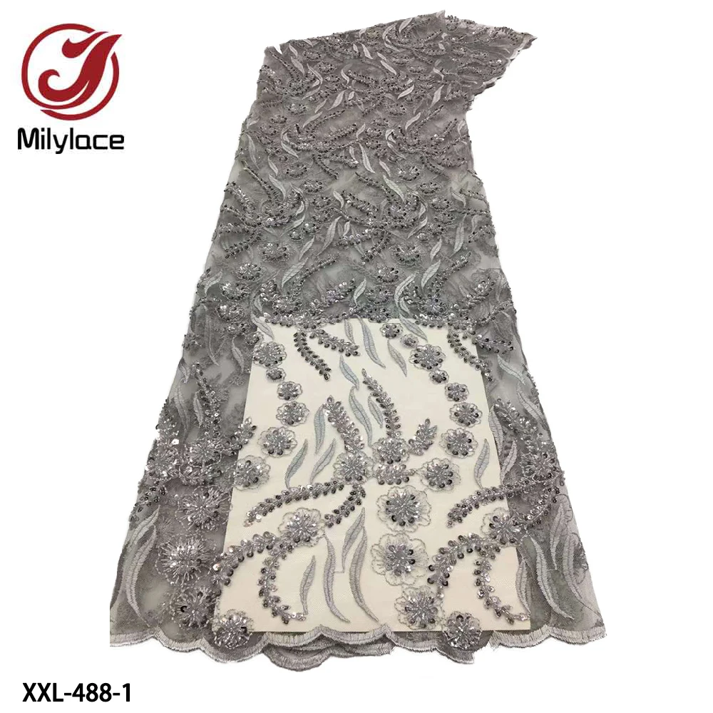 

Luxurious Sequin Bead Tube Embroidery Lace Fabric French Mesh Tulle Lace for Wedding Evening Dress XXL-488