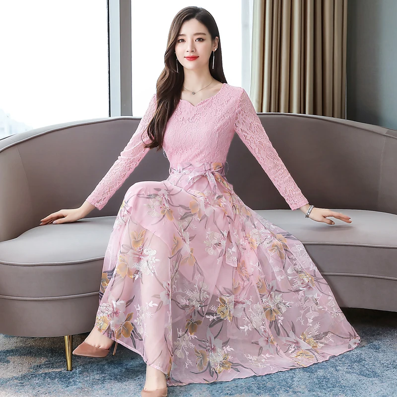 Платье макси осенне зимнее с длинным рукавом и цветочным кружевом|Женские