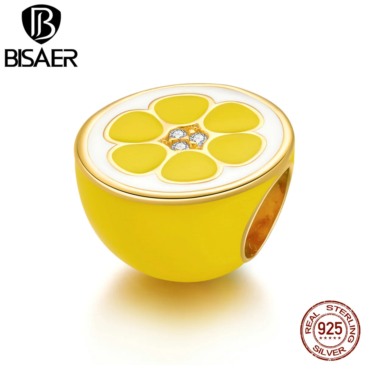 

BISAER Fresh Lemon Beads 925 Sterling Silver Orange Fruit Charms Zircon Fit DIY Bracelet Pendant For Women Necklace ECC1590