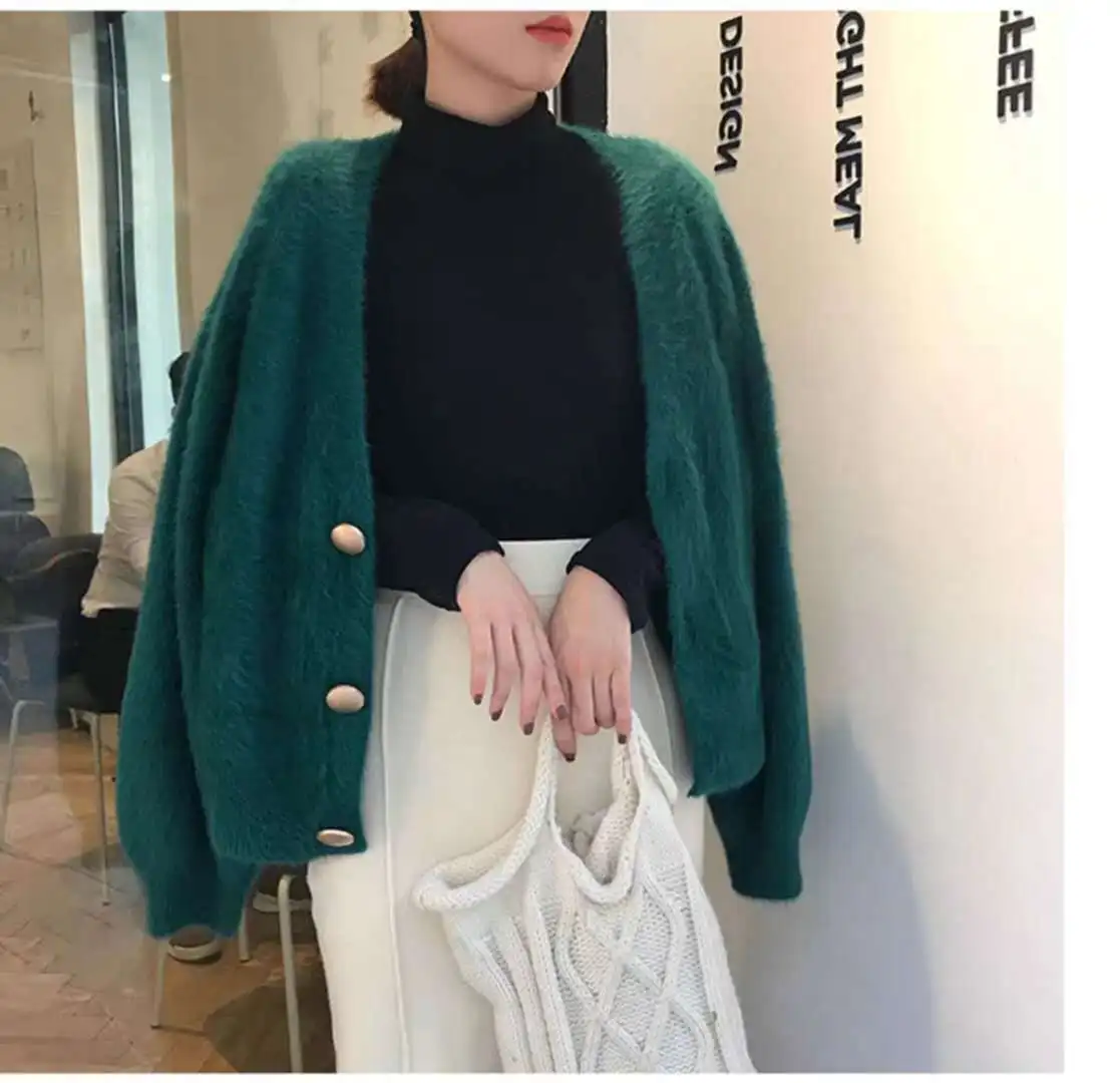 

Elegant Ladies Relaxed Style Knitted Cardigans Lantern Sleeve Mohair Sweater Jumpers Autumn winter Jacket