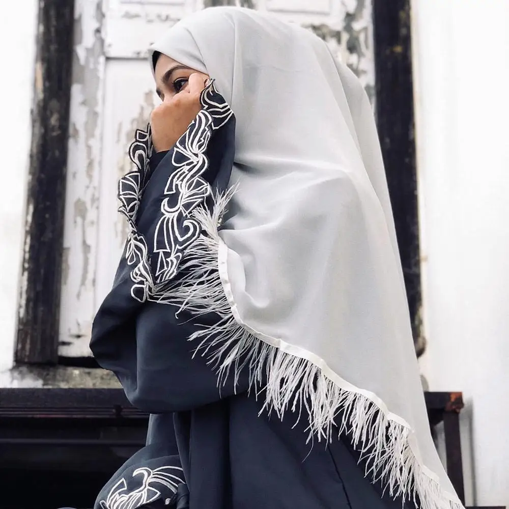Trendy Premium Chiffon Muslim Scarf Feather Hijab Long Shawl For Women Fashion Plain Head Wrap Islamic Modest Headwear Turban