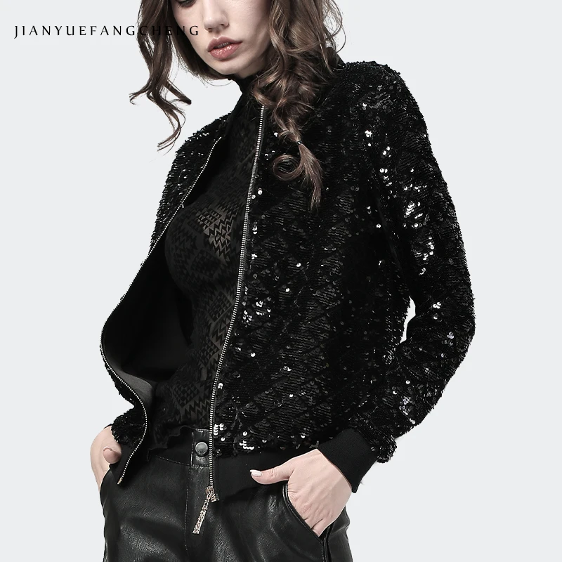 Black Long Sleeve Модная черная Женская бейсбольная куртка с блестками, повседневная спортивная Женская Осенняя куртка свободного размера плюс, короткая куртка в Корейском стиле - Цвет: Black Long Sleeve