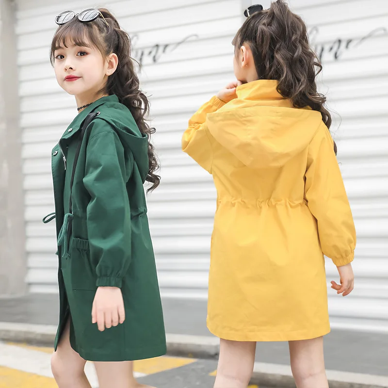 

Girls Long Trench Coat with Drawstring Kids Clothes Autumn Children Clothing Hooded Casual Girls Outerwear Windbreaker 5-14T