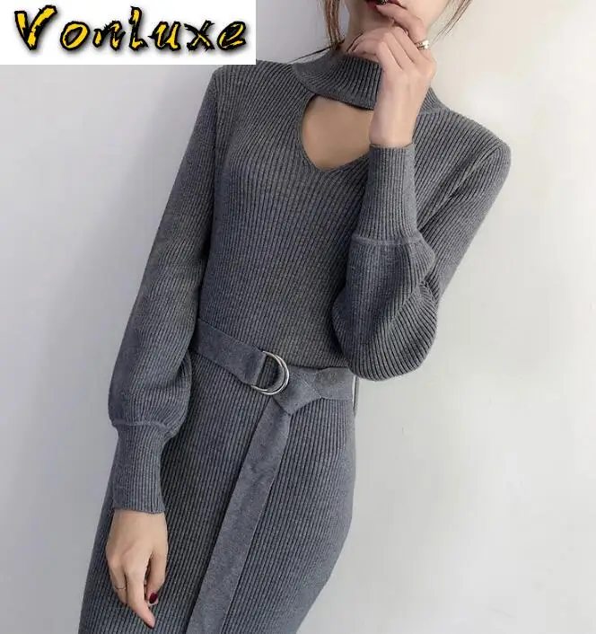 Женское трикотажное платье свитер облегающее с длинным рукавом в Корейском