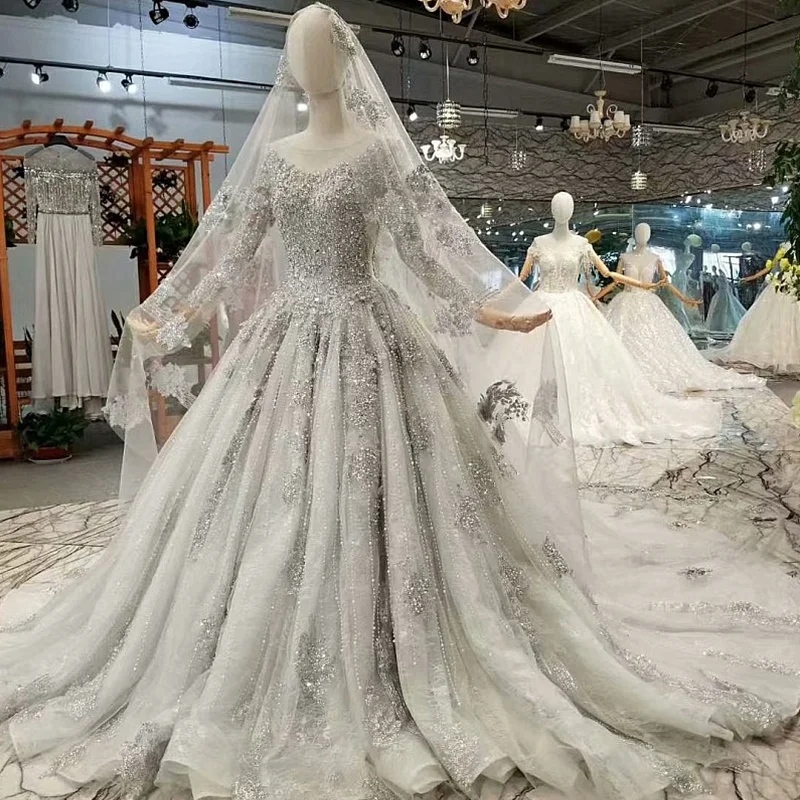 Блестящее серое платье LS74100 2020 с длинным рукавом и круглым вырезом большим