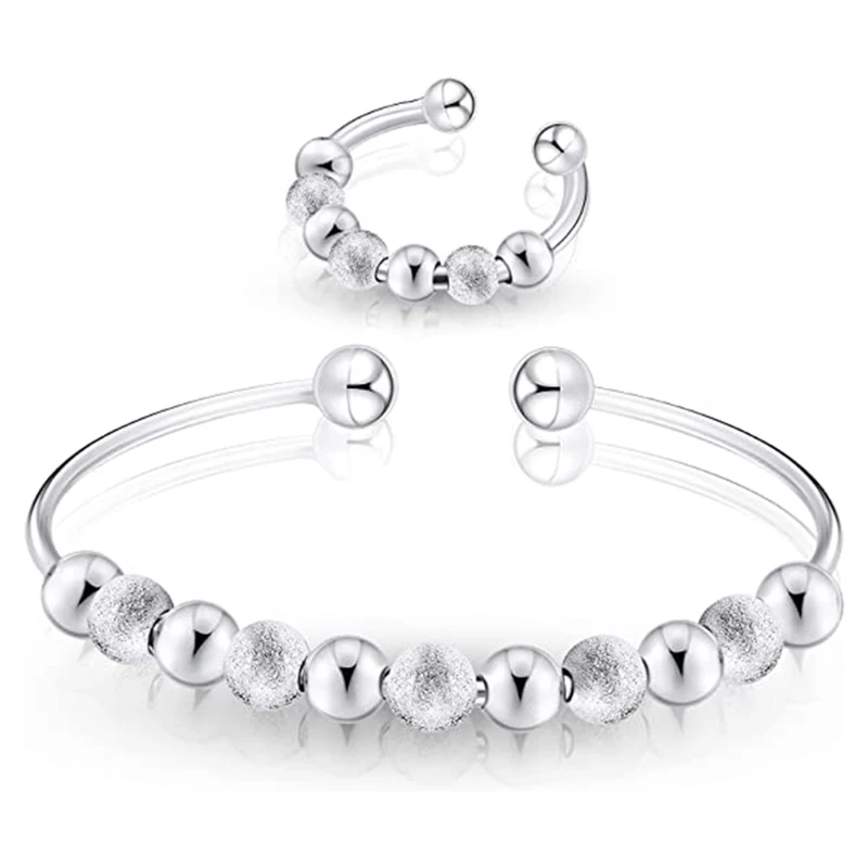 

Silver Anxiety Ring Bracelets for Women and Men Ring Bracelets Adjustable Beads Can Rotate Flexibly Ring Bracelet