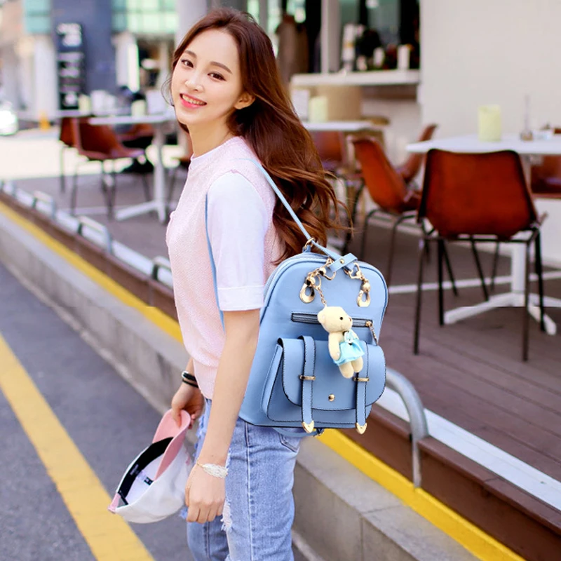 Preppy Style Women Backpack Bear Toys PU Leather Schoolbags For Teenage Girls Female Rucksack Shoulder   Bag Travel Knapsack