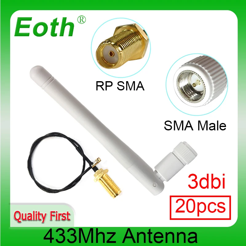 EOTH 20pcs 433mhz antenna 3dbi sma male lora antene iot module lorawan signal receiver ipex 1 SMA female pigtail Extension Cable