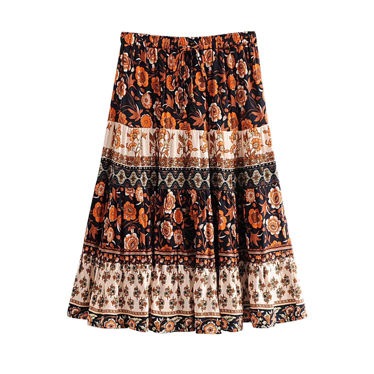 

2020 New Summer Woman Skirt Vintage Floral Print Boho Chic Beach Midi Skirts Women Clothing Casual Female Faldas Jupe