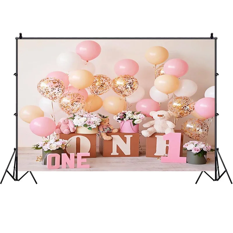 1st Birthday Photography Backdrop Princess Girls Happy Party  Pink Balloon Baby Shower Photo Background Decor Banner Prop enlarge