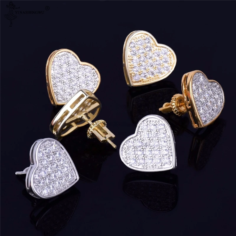 

New Heart-shaped Gold Color Stud Earring For Men Women Accessories Full Cubic Zircon Back Earrings Fashion Hip Hop Jewelry Gift