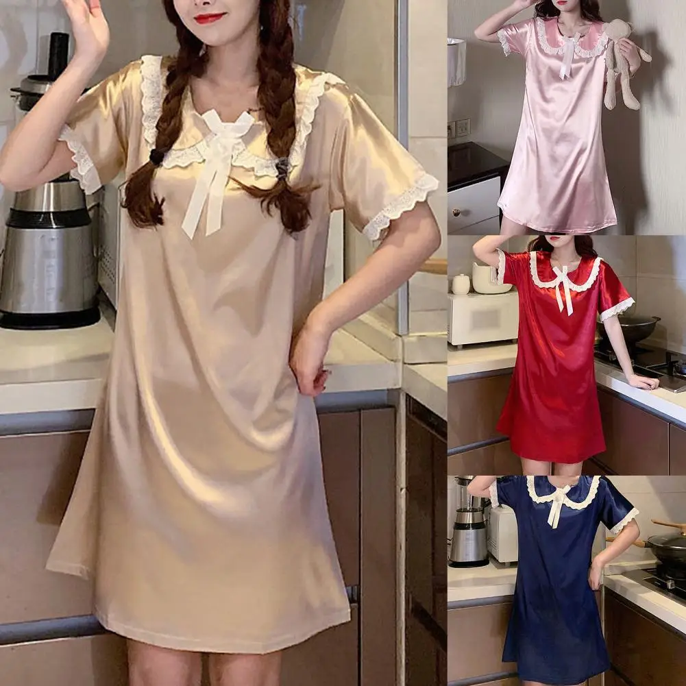

Summer Women Sundress Turn-down Collar Solid Color Polyester Short Sleeve Nightdress Homewear Women Sexy Satin Ladies Sleepwear