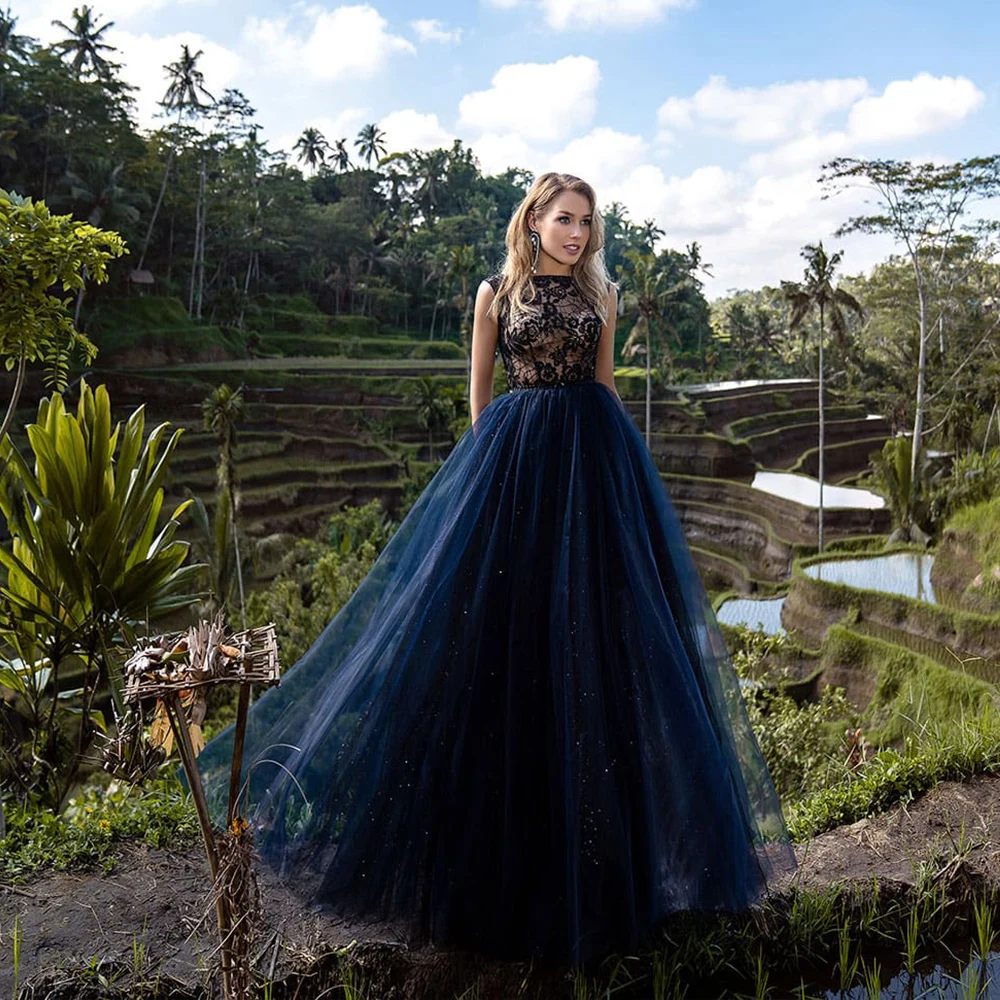 

Sexy Floor Length A Line Glitter Evening Dress For Woman Summer Sleeveless платье Backless Illusion Black Lace Navy Blue Skirt